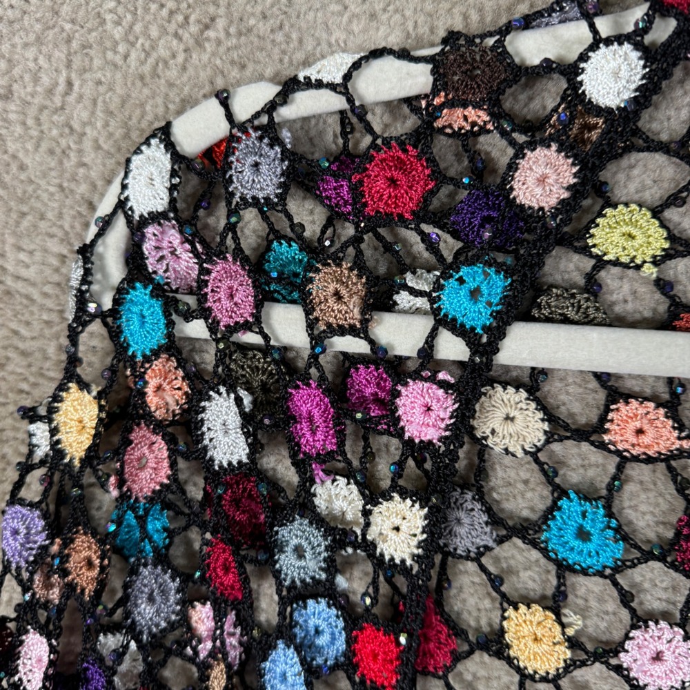 Artsy Crochet Shawl Women One Size Black Multi Color Beaded Fringe Boho Wrap - Picture 8 of 10